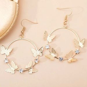 🦋 Awesome Large Metallic Rhinestone Butterfly Circle Drop Earrings 🦋